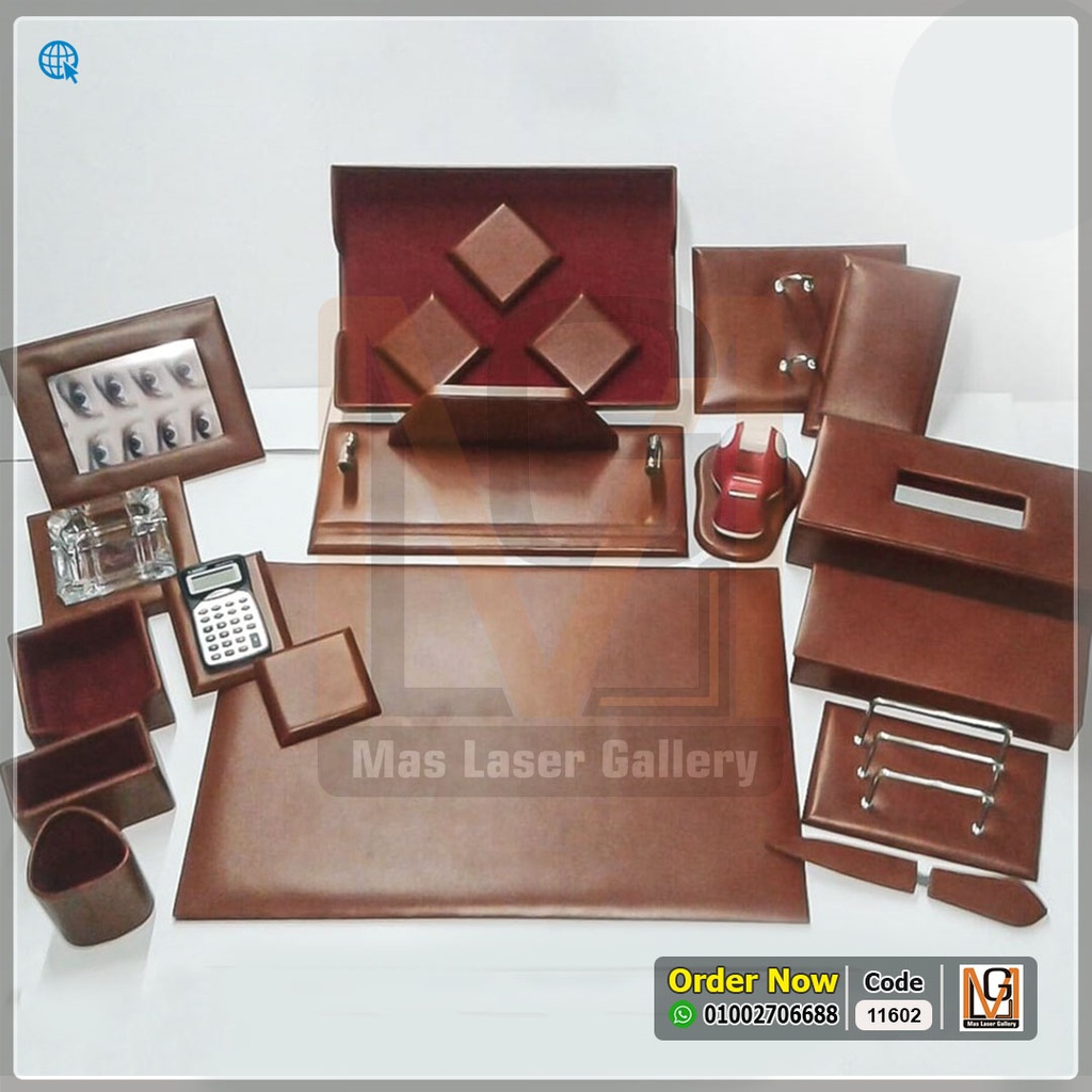 طقم مكتب جلد طبيعي 20 قطعه بني  | 11602