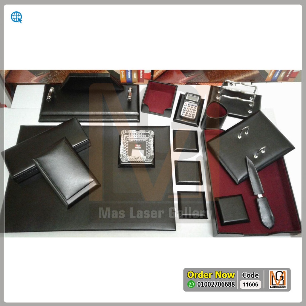طقم مكتب جلد طبيعي 17 قطعة اسود  | 11606