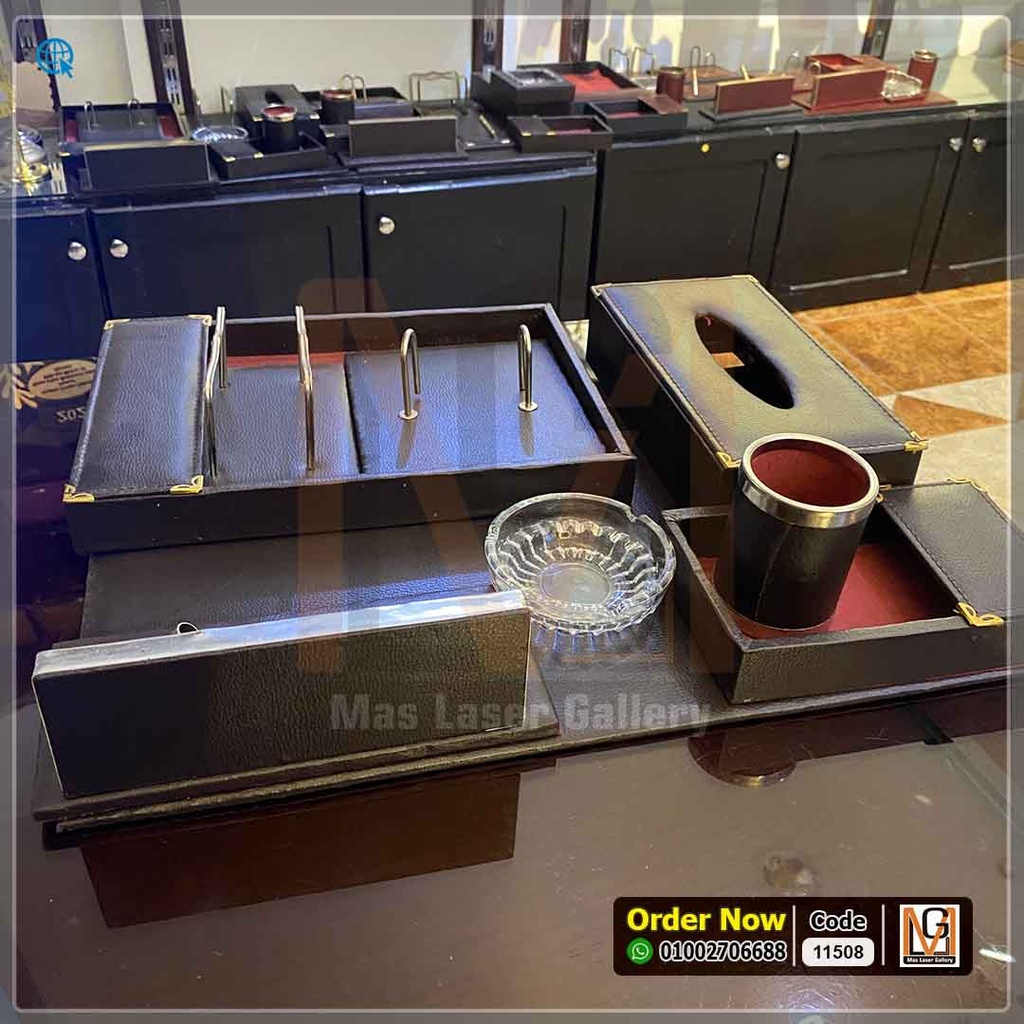 طقم مكتب جلد بني غامق ( 9 قطع) بعلبه مناديل  | 11508